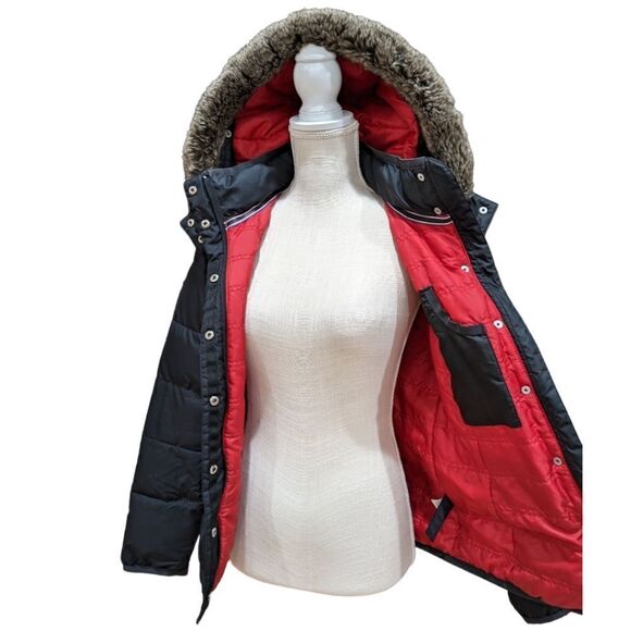 Tommy Hilfiger Black Faux Fur Hood Quilted Puffer Jacket Cinched Waist Size S - Picture 9 of 16